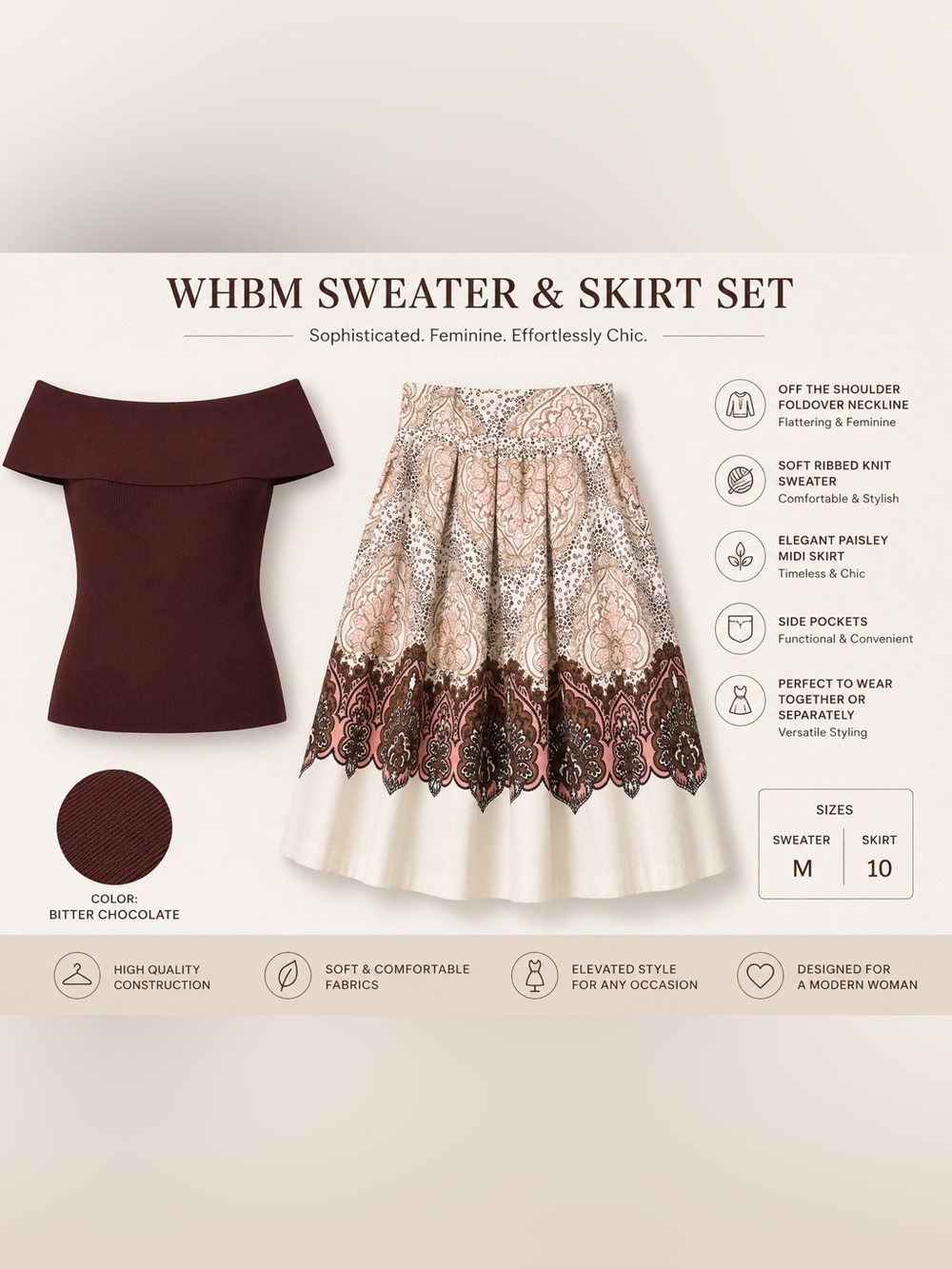 WHBM Off Shoulder Sweater (NWT) & Paisley Midi Skirt Set Size M Top / 10 Skirt
